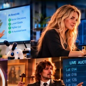 Woman working with artificial intelligence displays and a small robot in a modern office